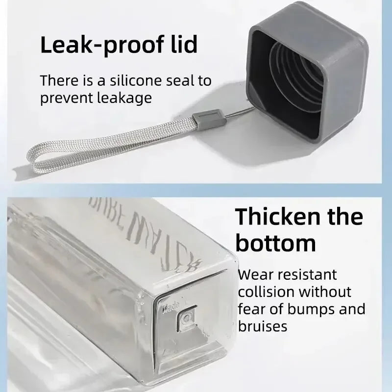 زجاجة مياه مربعة شفافة محمولة - زجاجة مشروبات رياضية بلاستيكية غير لامعة مع حزام حليب للاستخدام في الهواء الطلق