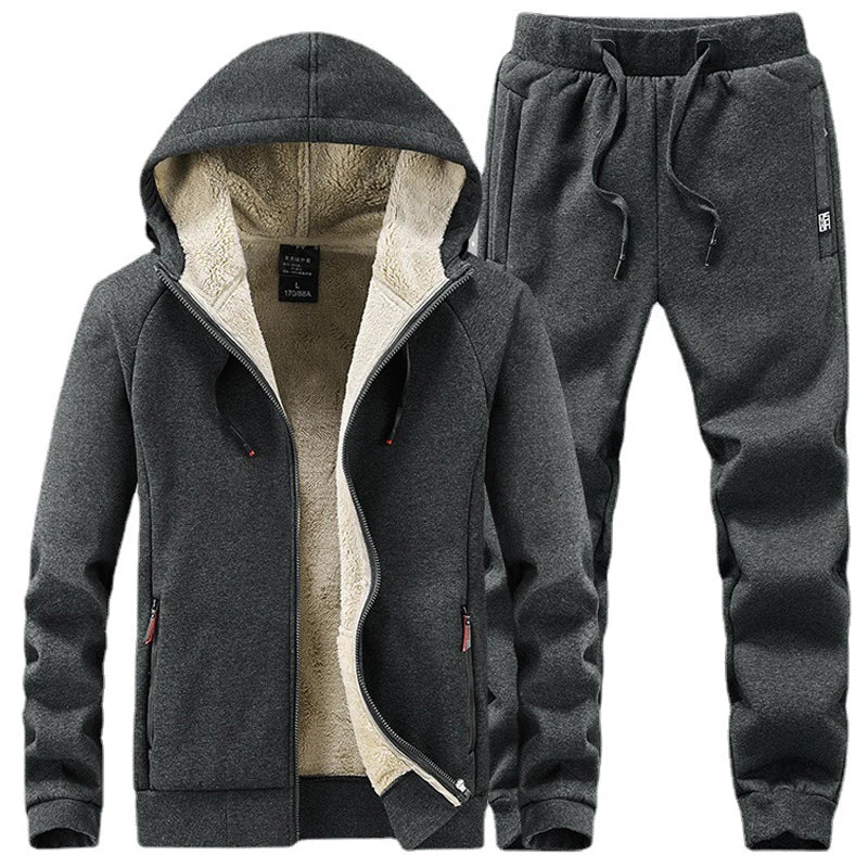 Men’s Winter Fleece Cashmere Tracksuit – Warm Fur Hoodie & Pants 2-Piece Casual Sportswear Set