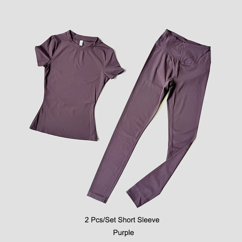 Quick-Drying Gym Leggings Set – Breathable Stretchy Slim Fitness Sport Suit with Short Sleeve Active Top