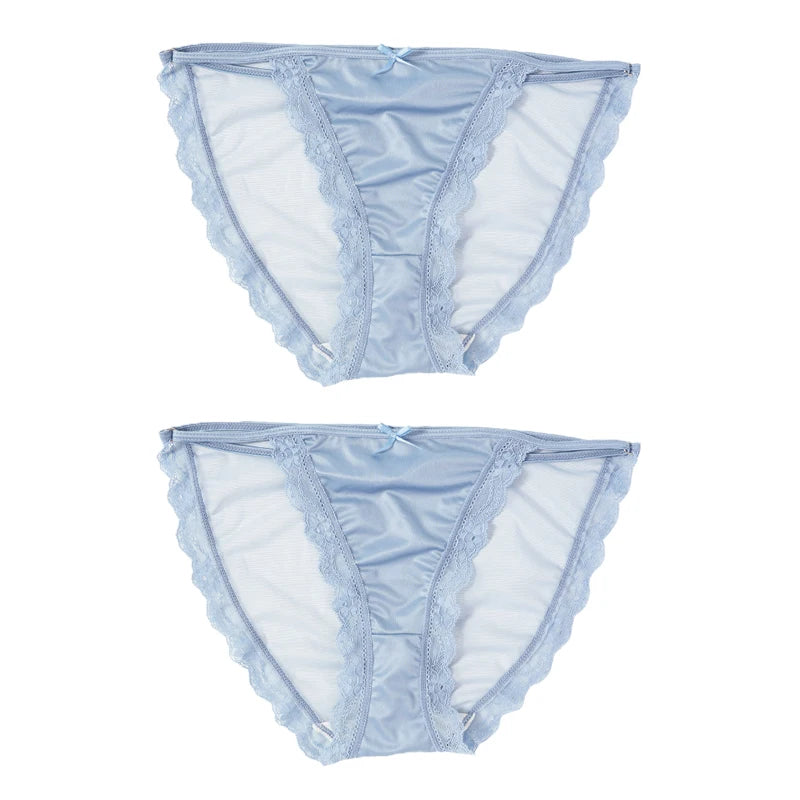 2PCS Women's Mesh Satin Ice Silk Low Rise Panties Soft Breathable Sexy Lace Underwear
