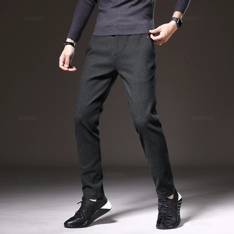 Men's Autumn Casual Pants – Slim Fit Elastic Waist Stretch Cotton Trousers Gray & Black