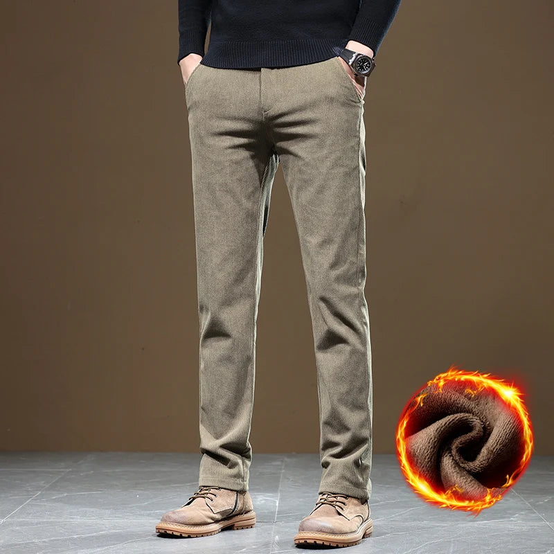 Men's Winter Fleece Corduroy Pants – Slim Fit Stretch Casual & Business Trousers