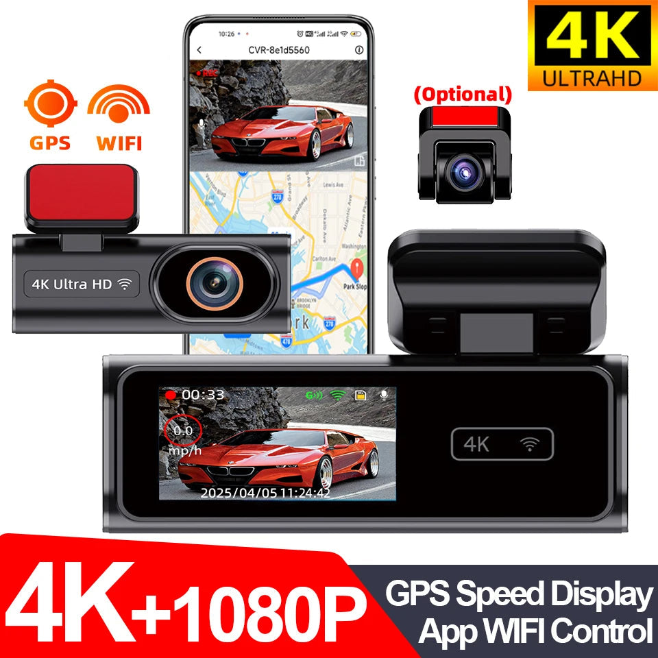 Car dashboard camera system with smartphone app, GPS, and WiFi features on a white background.