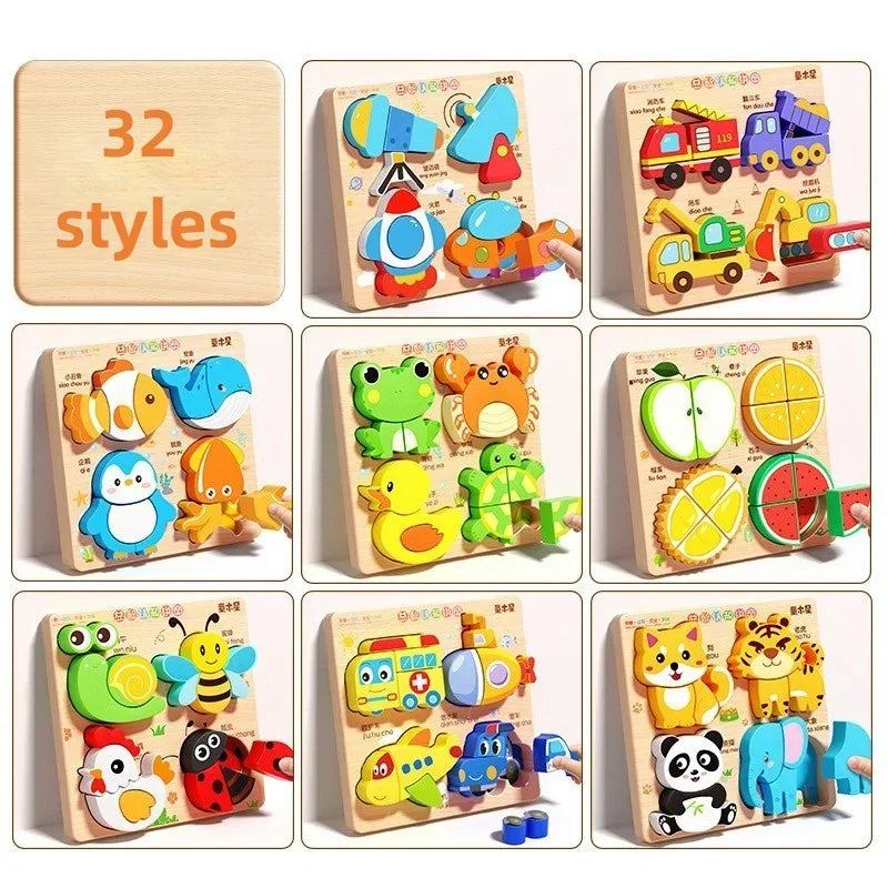 Montessori Cartoon 3D Wooden Puzzle Animal Traffic Jigsaw Toys for Kids Early Learning Educational Cognitive Game Children Gifts