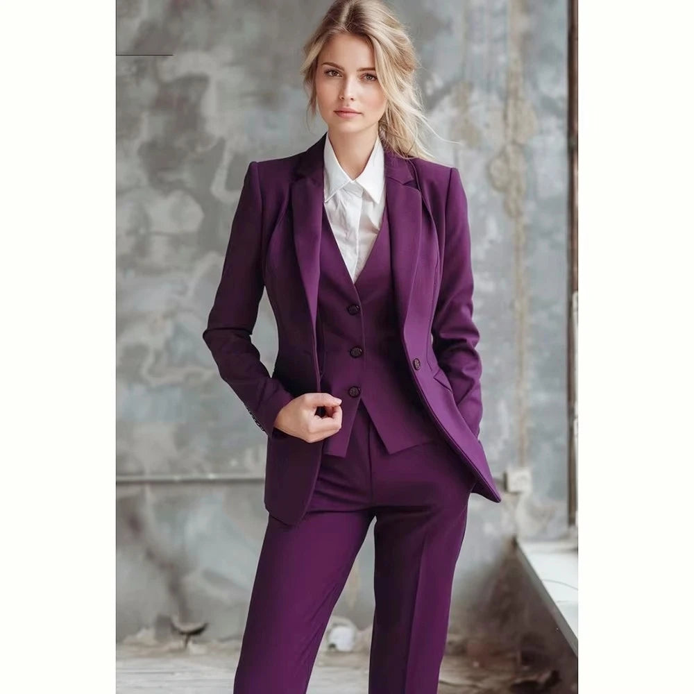 Women’s 3-Piece Purple Suit – Jacket, Vest & Trousers Business Work Set