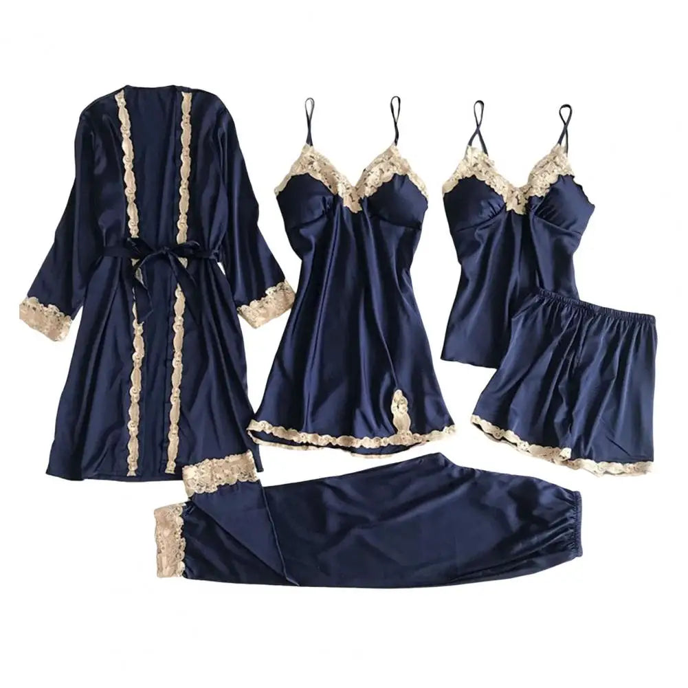 Long & Short Nightgown Set – Elegant Satin Lace 5PCS Women’s Pajama Set with Lace-Up Waist, Silky Comfortable Nightwear