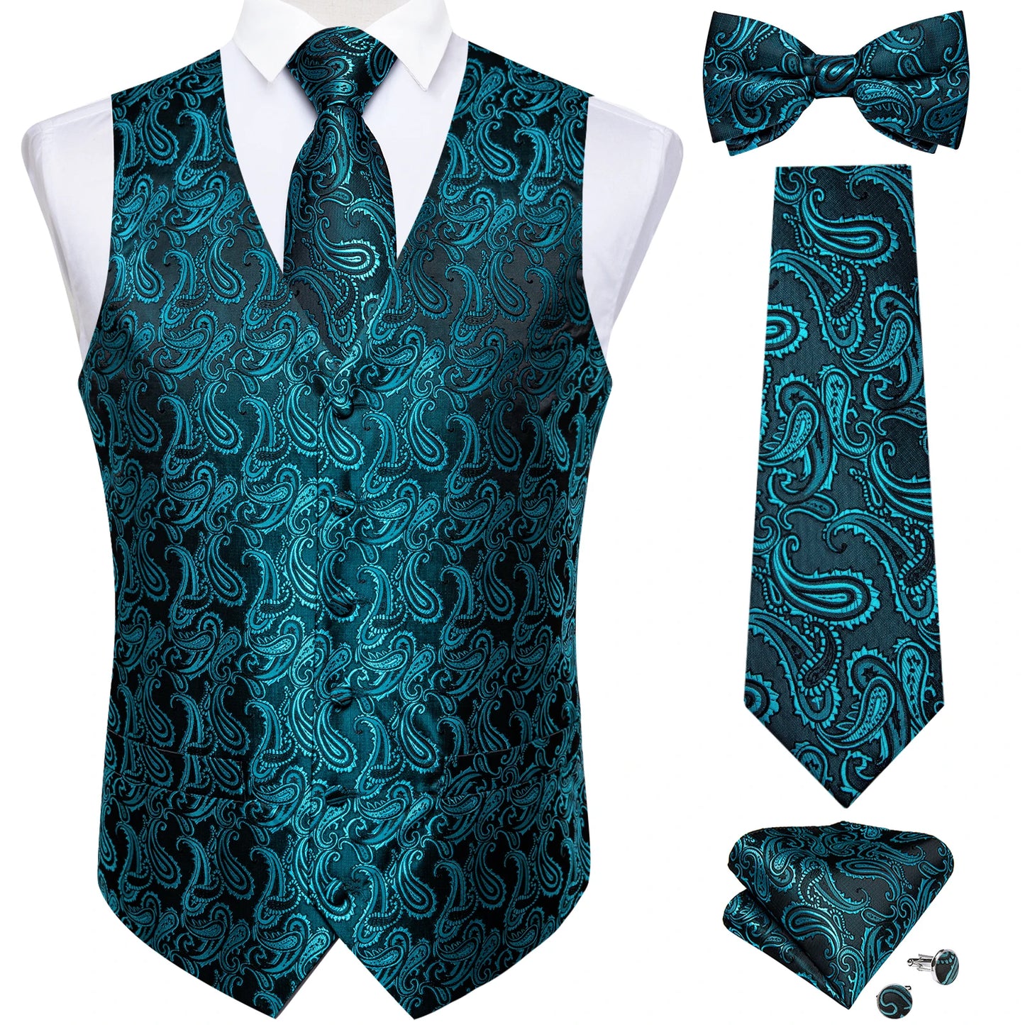 Men's Black Paisley Suit Vest with Necktie & Accessories – Formal Waistcoat for Wedding & Prom