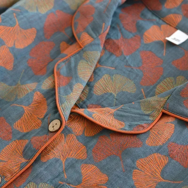 2025 Spring & Summer Women's Pajama Set | 100% Cotton Crepe Long Sleeve Top & Trousers | Floral Leaf Two-Piece Homewear