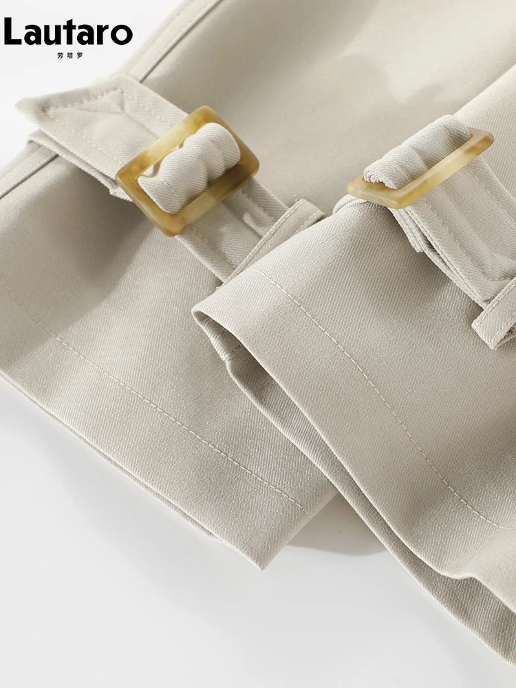 Lautaro Spring Autumn Flowy Casual Trench Coat for Women Belted Double-Breasted Loose Luxury Designer Fake 2-Piece Coat