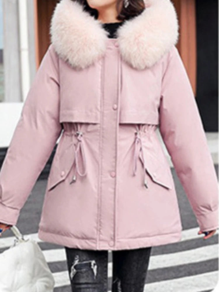 New Women Parka Long Coat with Wool Liner, Hooded Winter Jacket, Slim Fit with Fur Collar, Warm Snow Wear Padded Clothes