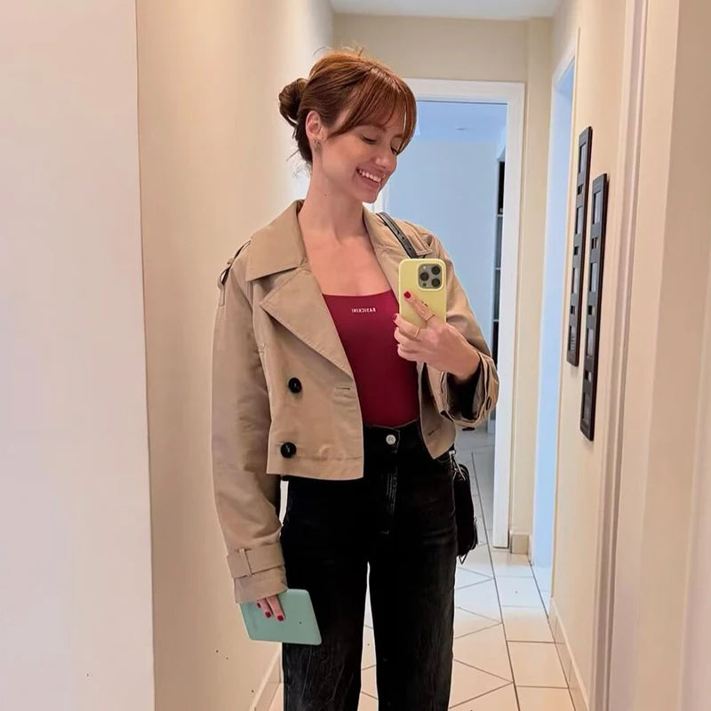 Women's Double-Breasted Short Trench Coat Turn-Down Collar Long Sleeve Vintage Chic Outerwear