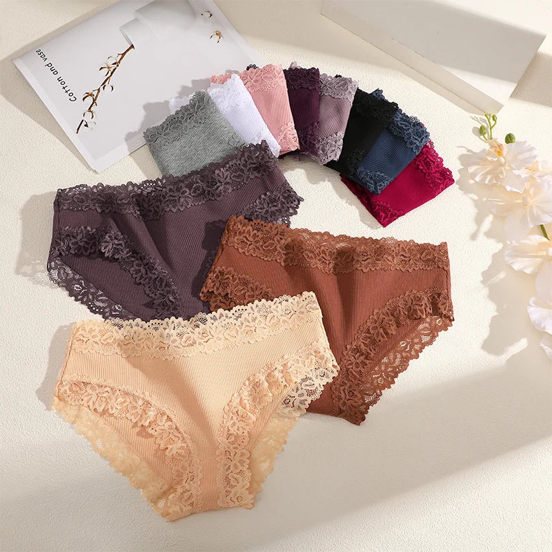 5PCS Set Women's Sexy Lace Cotton Low Rise Floral Panties Seamless Soft Breathable Underwear S-XL