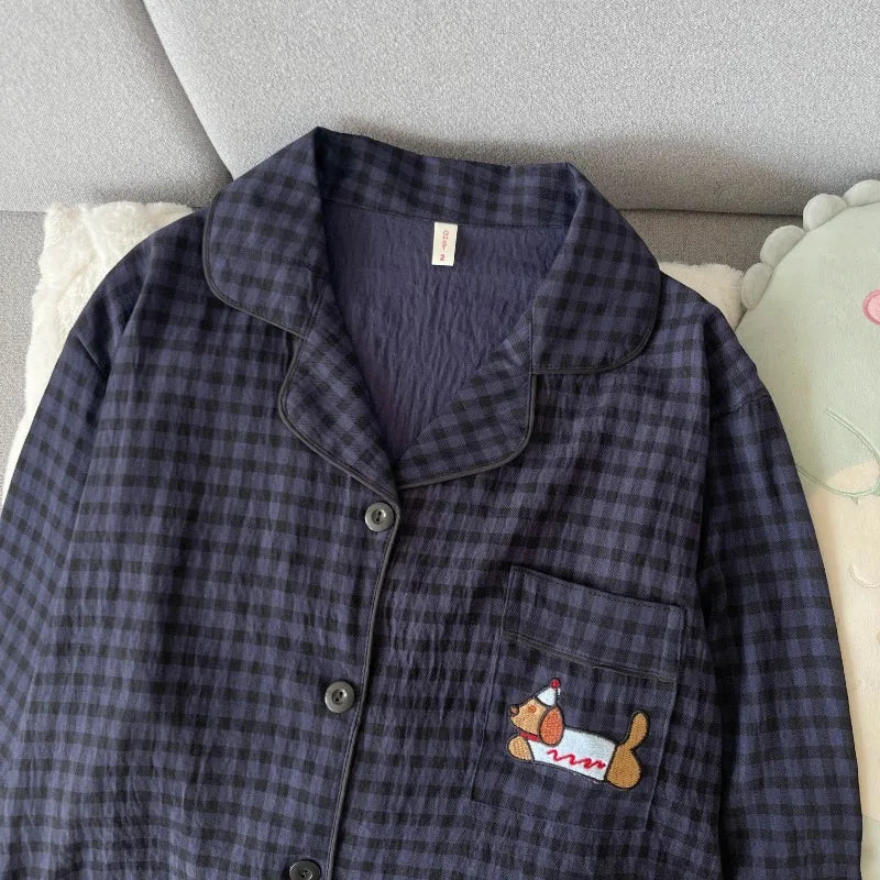 Autumn Women's Plaid Pajama Set | Korean Style Embroidered Dog 2-Piece Soft Vintage Sleepwear