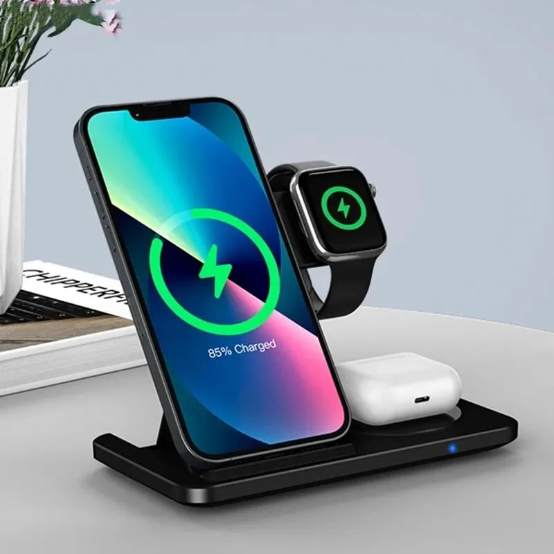 3-in-1 Wireless Charger Stand Pad – Foldable Fast Charging Dock for iPhone 12/13/14/15 Pro Max, Apple Watch & AirPods Pro
