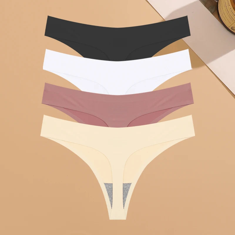 4PCS Ultra-Thin Seamless Women’s Underwear – Invisible Ice Silk Thongs, Low Waist Breathable Stretchy Bikini Lingerie