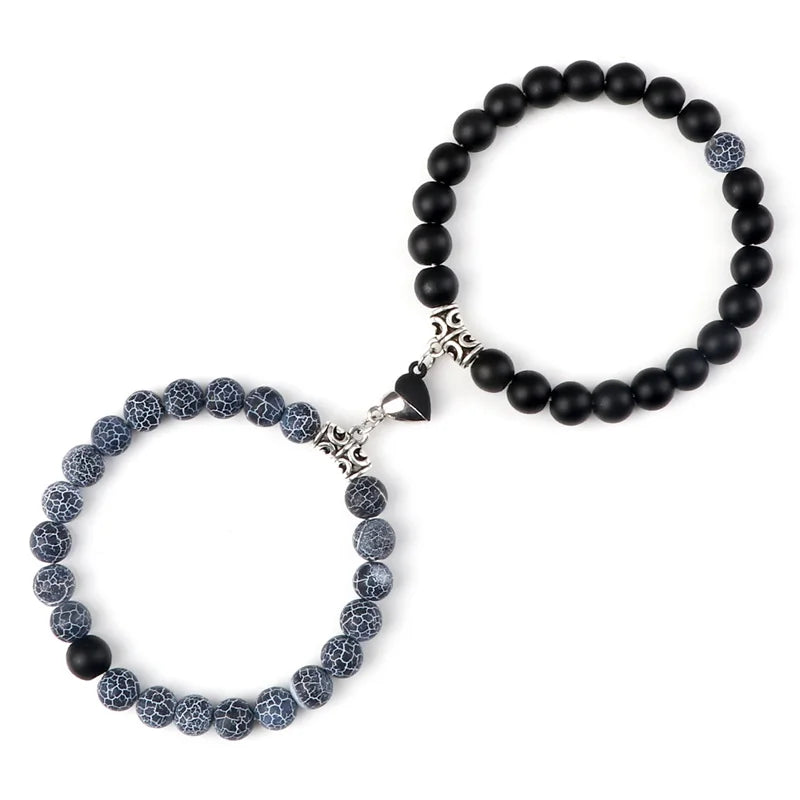 2-Pcs Natural Stone Bead Couple Bracelets – Heart Magnet Distance Friendship Jewelry Gift for Lovers