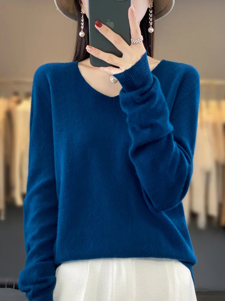 Fashion 100% Merino Wool Cashmere V-Neck Sweater Women Long Sleeve Autumn Winter Knitwear