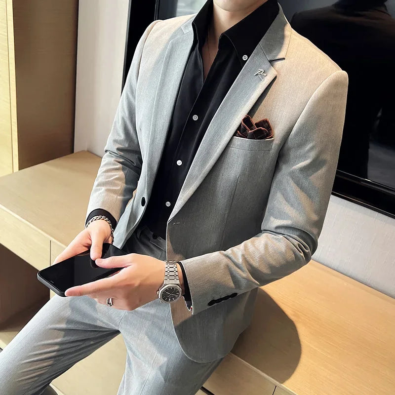 Men's High-End Solid Color Suit – Jacket & Pants for Business, Wedding & Party
