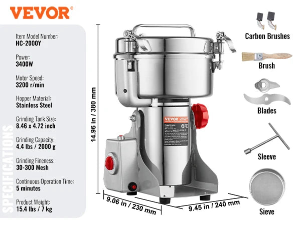 Electric Grain Mill Grinder 150-2500g Commercial Spice Herb Crusher