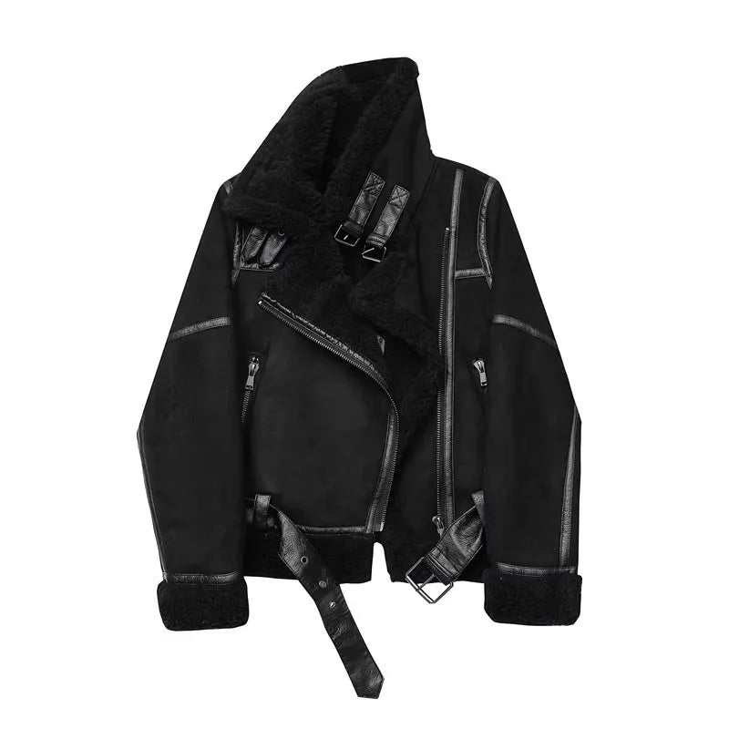 2025 Winter Women Warm Suede Lamb Jacket Short Motorcycle Faux Shearling Brown Coats