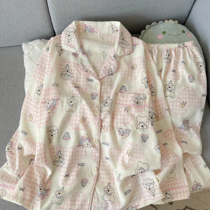 Autumn Women's Kawaii Pajama Set | Harajuku Style Line Star Dog Print 2-Piece Cute Loungewear