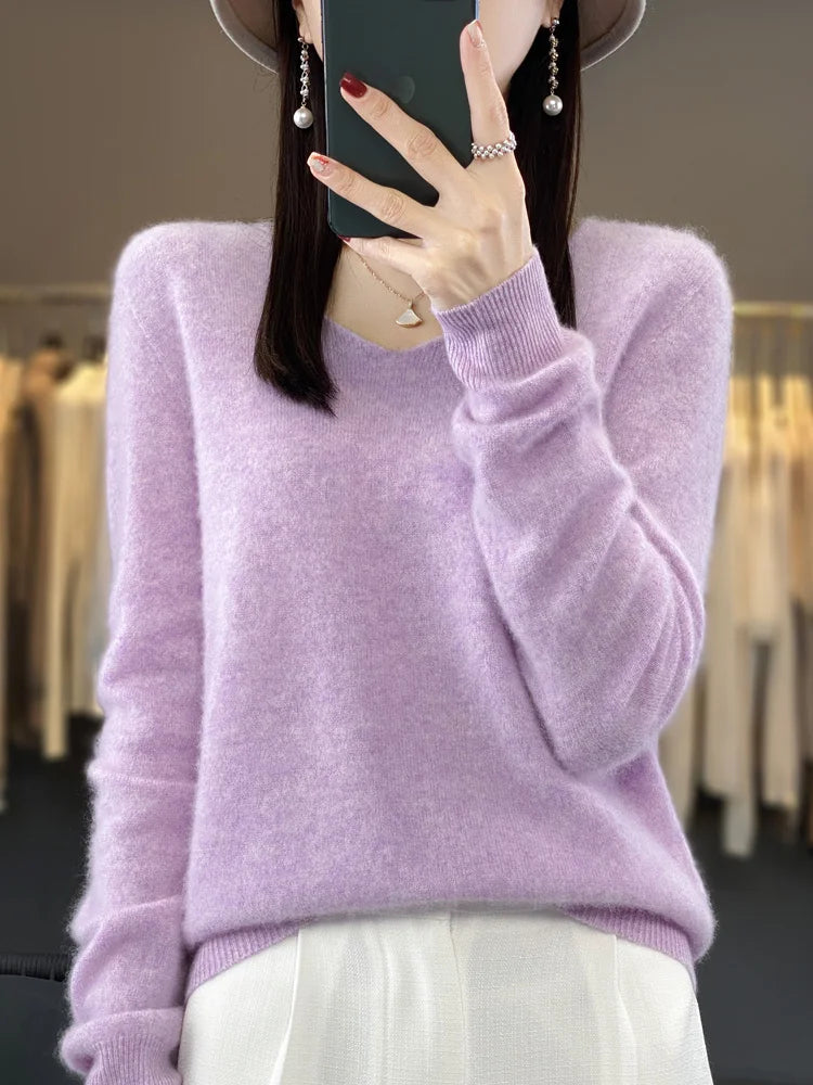 Fashion 100% Merino Wool Cashmere V-Neck Sweater Women Long Sleeve Autumn Winter Knitwear