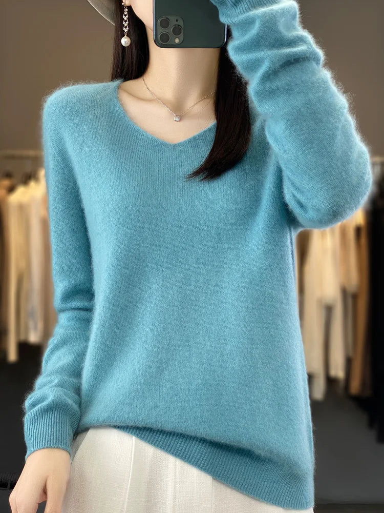 Fashion 100% Merino Wool Cashmere V-Neck Sweater Women Long Sleeve Autumn Winter Knitwear