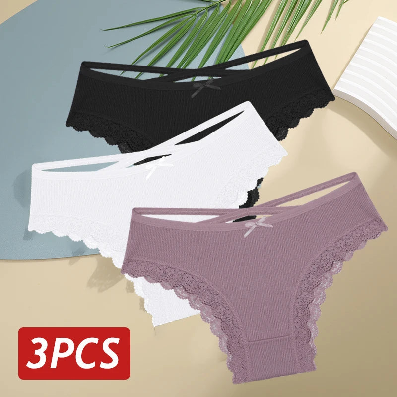 3PCS Set Women's Cotton Low Rise Lace Brazilian Panties Soft Breathable Bow Lingerie Underwear S-XL