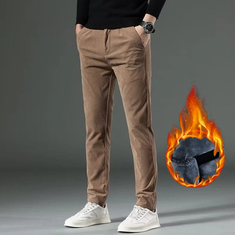 Men's High-Quality Corduroy Thermal Pants – Khaki Narrow Leg Casual Autumn Winter Trousers