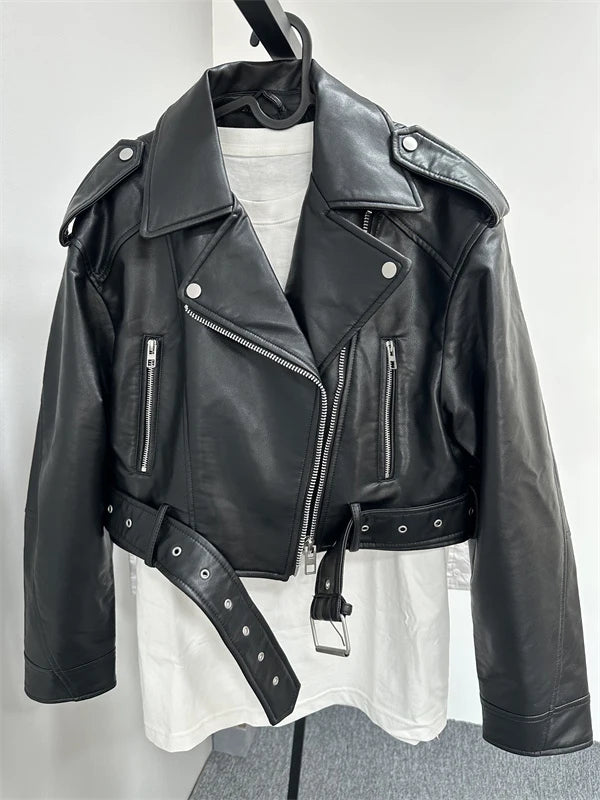 2025 Women's Washed Coal Gray Leather Jacket with Belt Short Vintage Lapel Coat and Downgraded Zipper