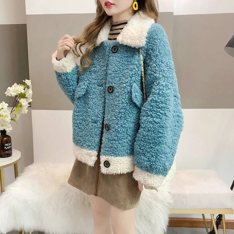Women's Loose Fit Lamb Velvet Thickened Autumn Winter Button-Up Cardigan Coat Casual Style
