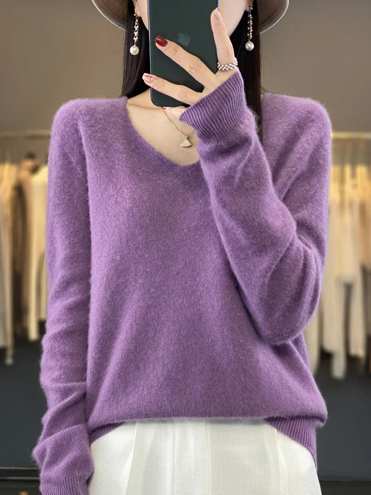 Fashion 100% Merino Wool Cashmere V-Neck Sweater Women Long Sleeve Autumn Winter Knitwear