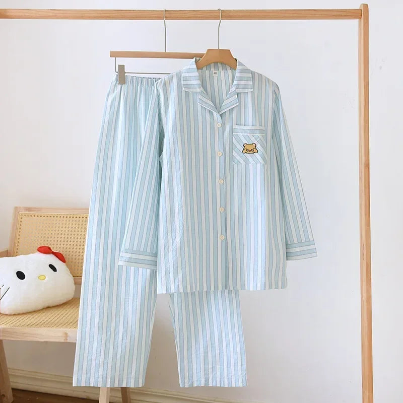 2025 Japanese Women's Striped Pajama Set | 100% Cotton Long Sleeve Two-Piece Sleepwear for Spring Summer