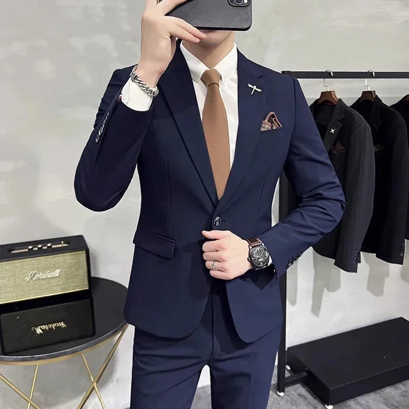 Men's High-End Solid Color Suit – Jacket & Pants for Business, Wedding & Party
