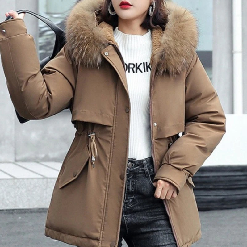New Women Parka Long Coat with Wool Liner, Hooded Winter Jacket, Slim Fit with Fur Collar, Warm Snow Wear Padded Clothes