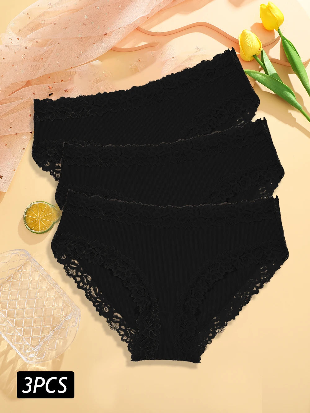 3PCS Set Women's Sexy Lace Cotton Low Rise Panties Floral Seamless Soft Breathable Underwear S-XL