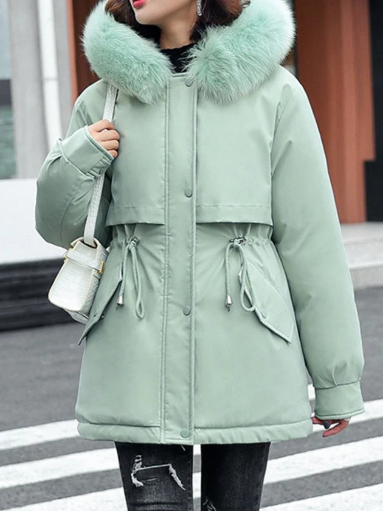 New Women Parka Long Coat with Wool Liner, Hooded Winter Jacket, Slim Fit with Fur Collar, Warm Snow Wear Padded Clothes