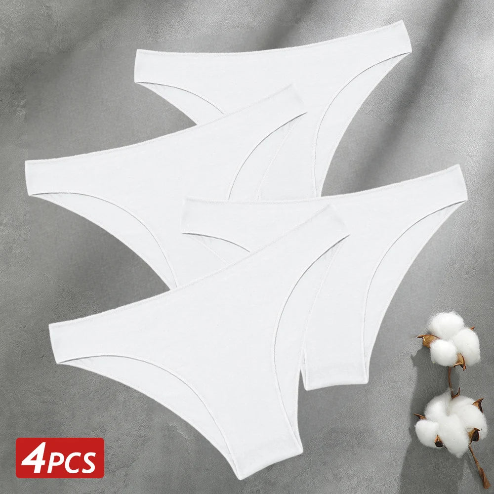 4PCS Seamless Cotton Panties Women Solid Color Low Waist Breathable Stretch Underwear