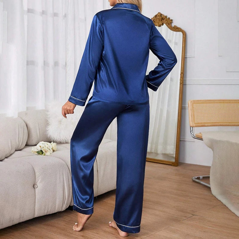 Women's Satin Pajama Set | Long Sleeve Button Lapel Top & Elastic Pants 2-Piece Sleepwear