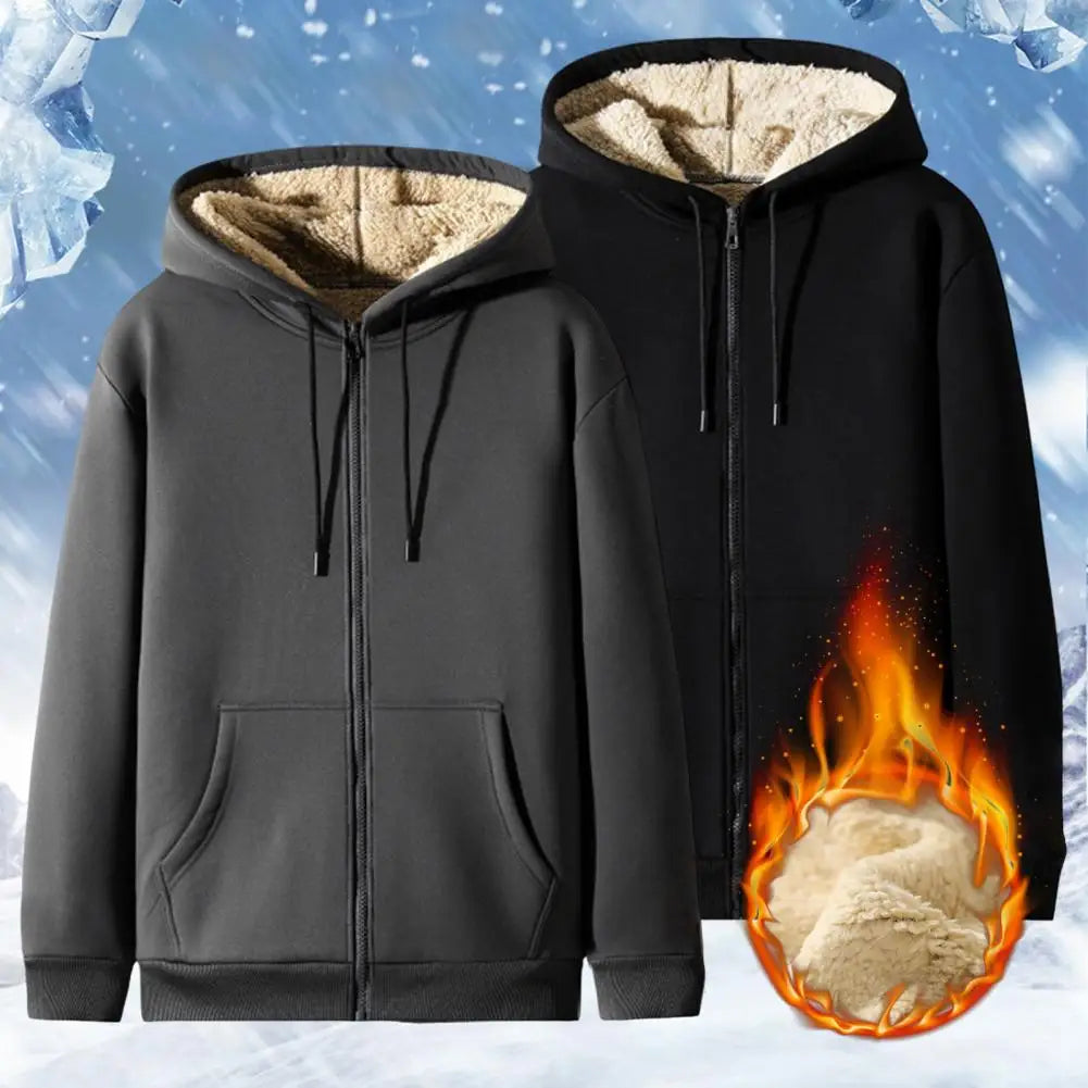 Unisex Trendy Lamb Wool Jacket – Warm Zipper Hoodie with Front Pockets, Plush Lined Winter Coat