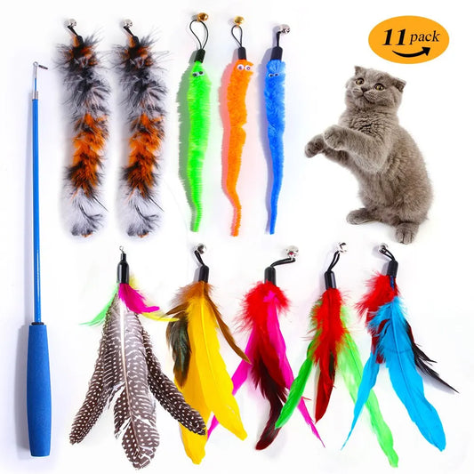 11-Piece Cat Feather Toy Refill Set – Replacement Feather Heads with Retractable Wand