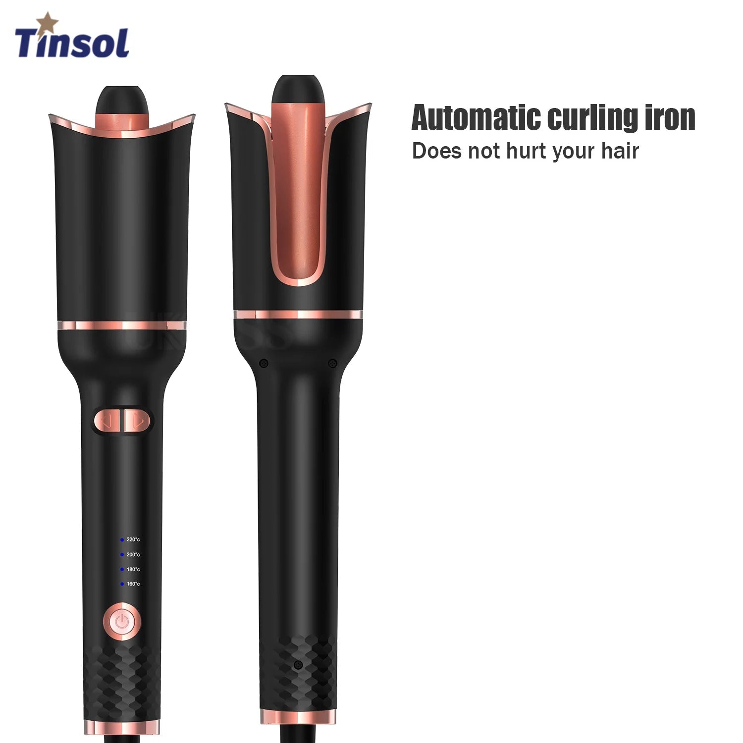 Black and rose gold curling iron with a woman displaying styled hair on a white background, featuring Tinsol brand.