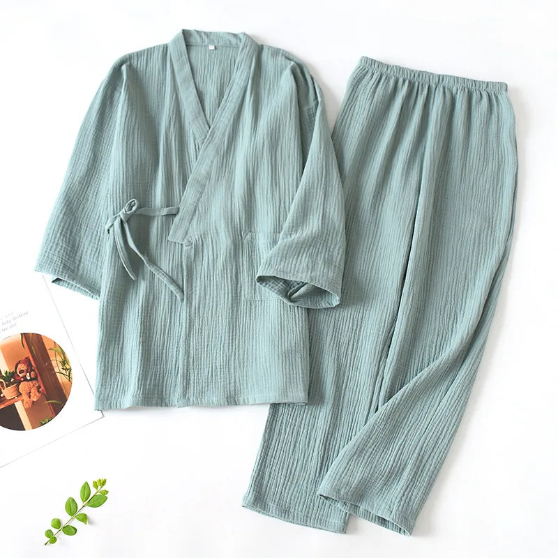 2025 Japanese Kimono Pajama Set | 100% Cotton Two-Piece Couple Yukata | Loose Homewear for Women