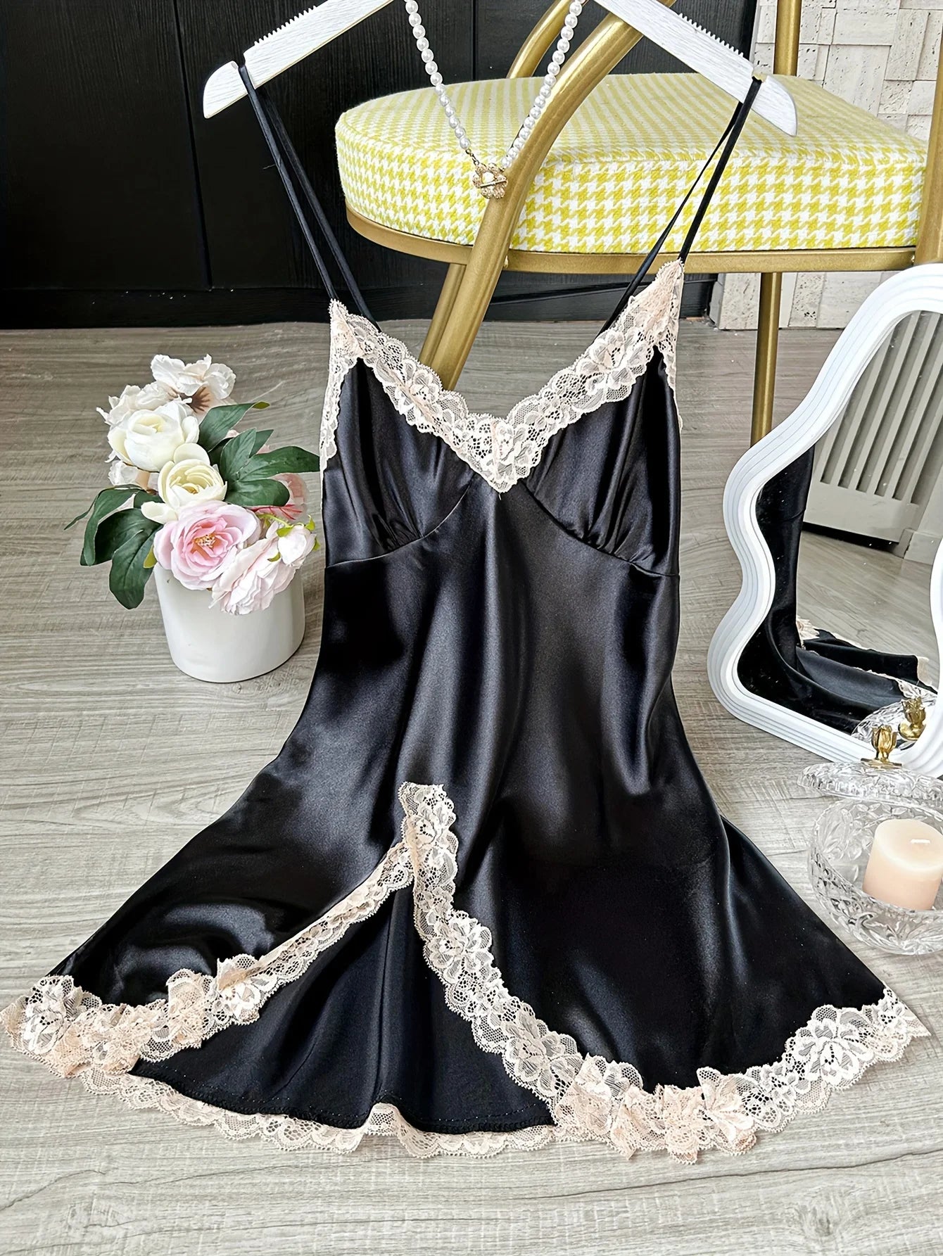 Women’s Satin V-Neck Chemise – Lace Trim Sexy Mini Nightdress, 1-Piece Sleepwear