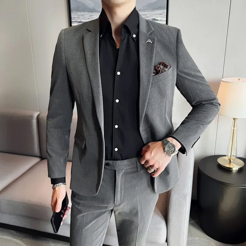 Men's High-End Solid Color Suit – Jacket & Pants for Business, Wedding & Party