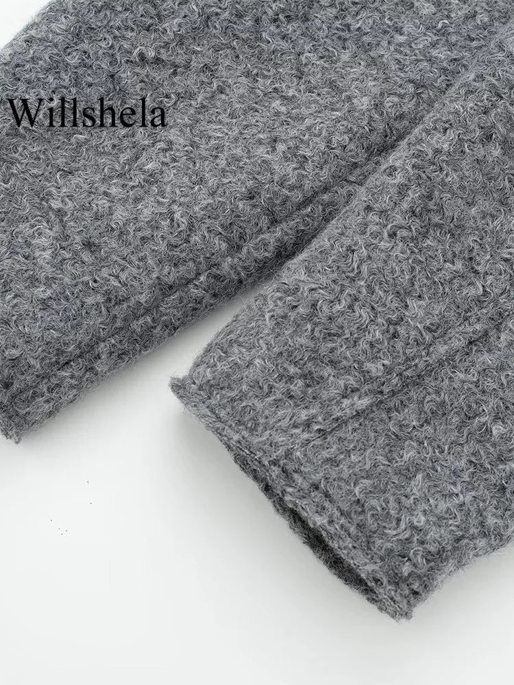 Willshela Women Fashion Grey Front Zipper Jacket with Pockets Vintage Lapel Neck Long Sleeve Chic Outfit