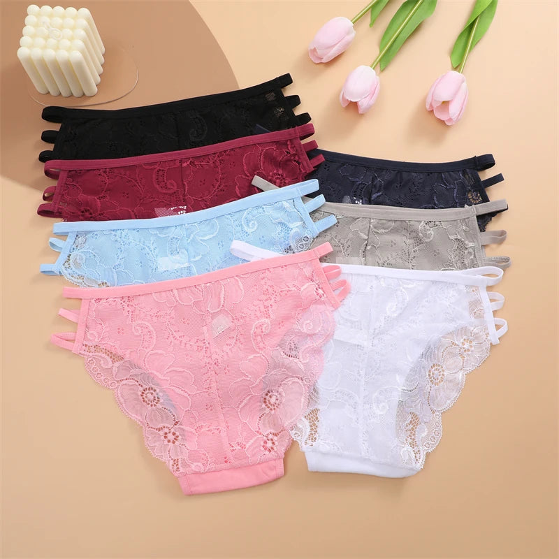 FINETOO 3PCS Women's Lace Floral Low-Waist Triple Belt Panties Soft Sexy Lingerie Underwear