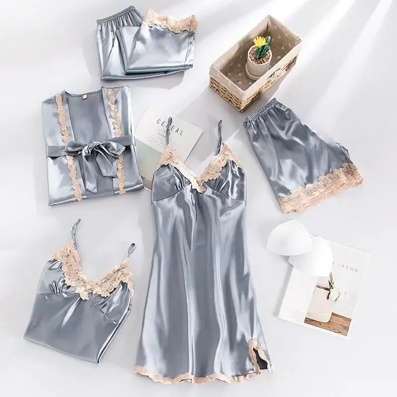 5PCS Women's Satin Sleepwear Set | Lace V-Neck Pajamas | Comfortable Spring Homewear PJS