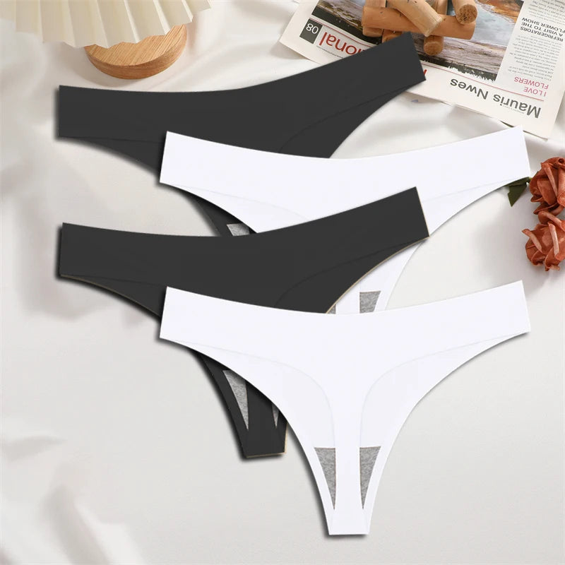 FINETOO 4PCS Women's Ice Silk Seamless Low Waist Thongs Sexy Solid Color Stretch Lingerie