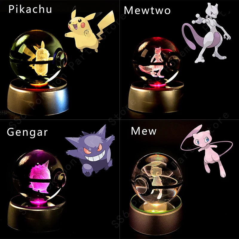Pokémon 3D Crystal Ball Night Light – Pikachu, Gengar & Mewtwo Pokéball Glass Lamp for Kids Birthday Gifts